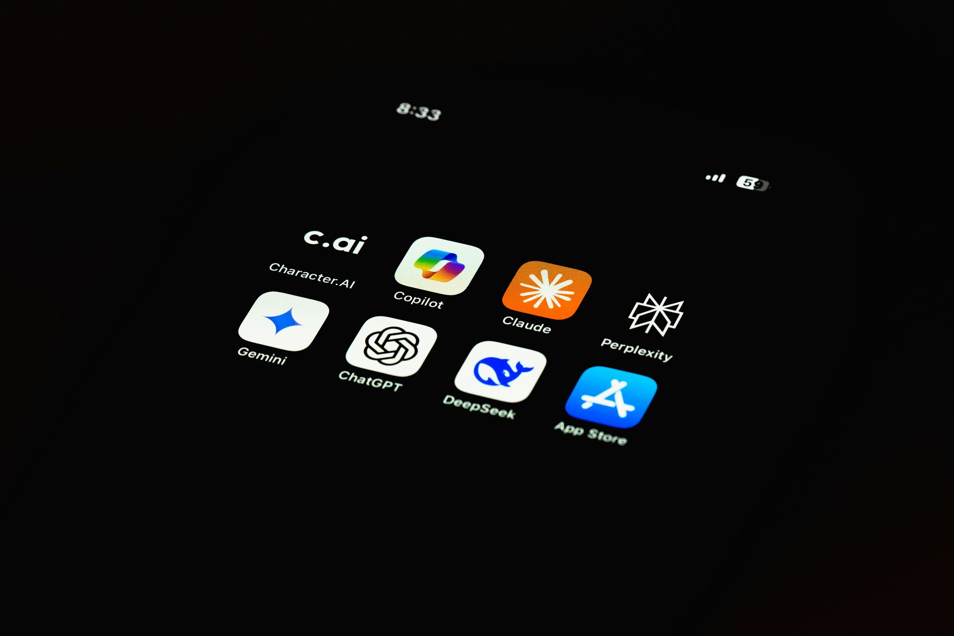 Phone screen showing AI search apps including ChatGPT, Gemini, Claude, Perplexity and DeepSeek — illustrating how modern search has changed for small businesses
