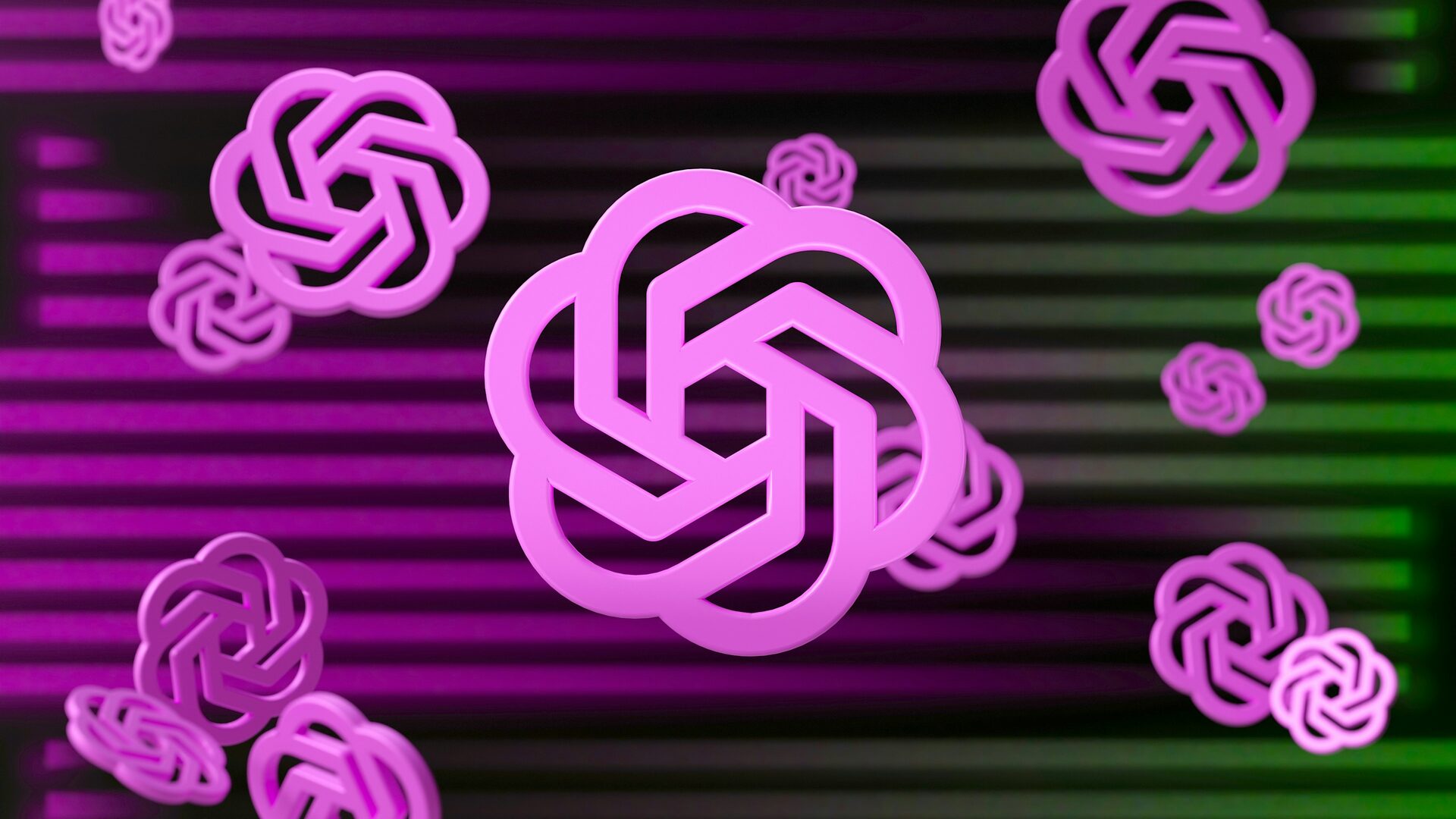 3D render of floating ChatGPT and OpenAI logos on a purple and green background — representing AI and answer engine search tools