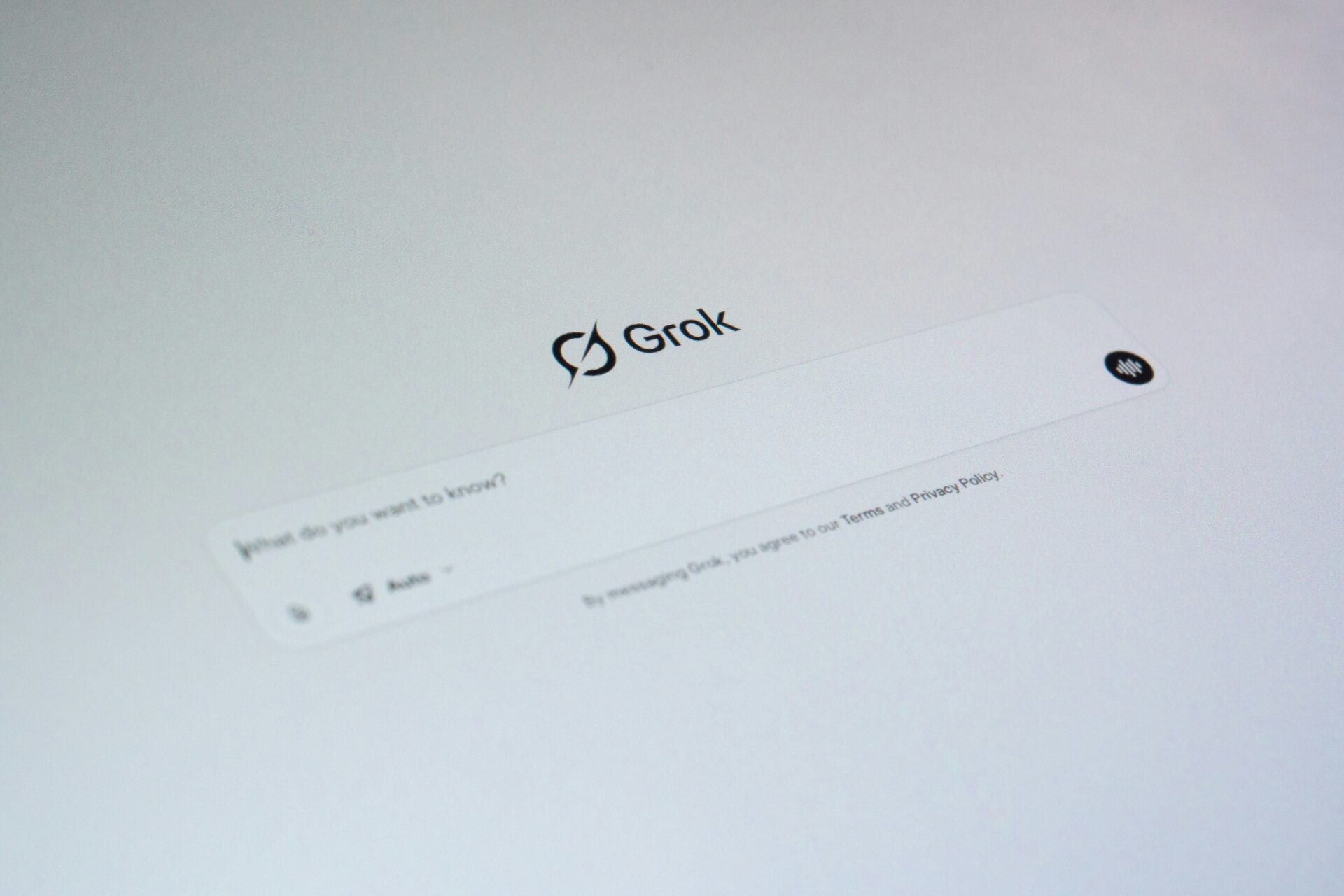 Grok AI chat interface on a screen with the prompt 'What do you want to know?' — showing how AI answer engines respond to search queries