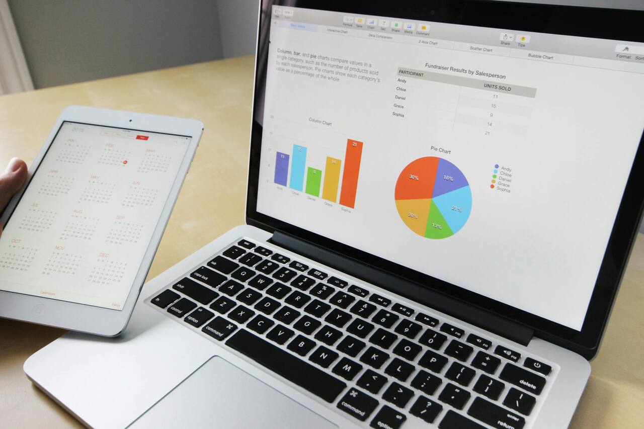 Laptop showing analytics charts beside a tablet