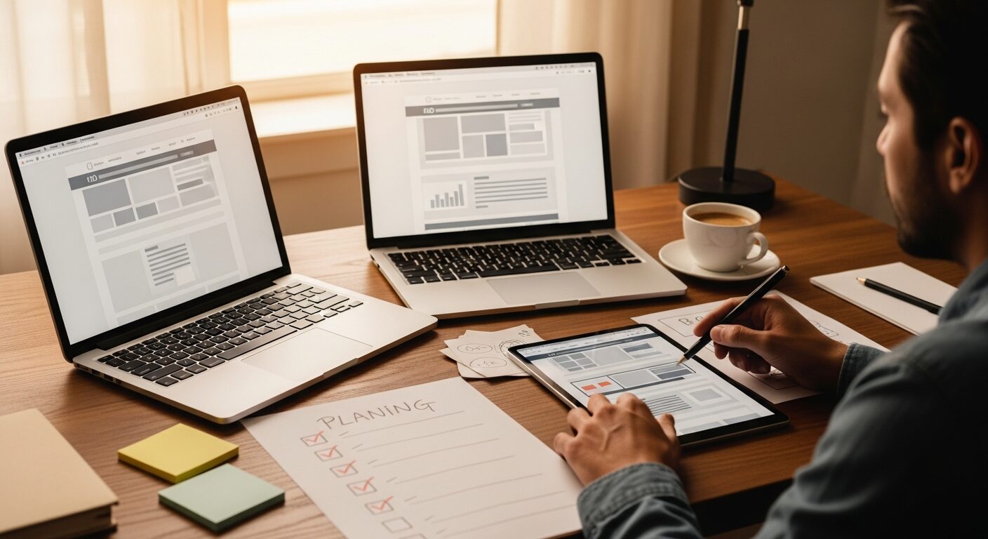 Small business owner at a desk comparing website design mockups, a checklist, and planning notes