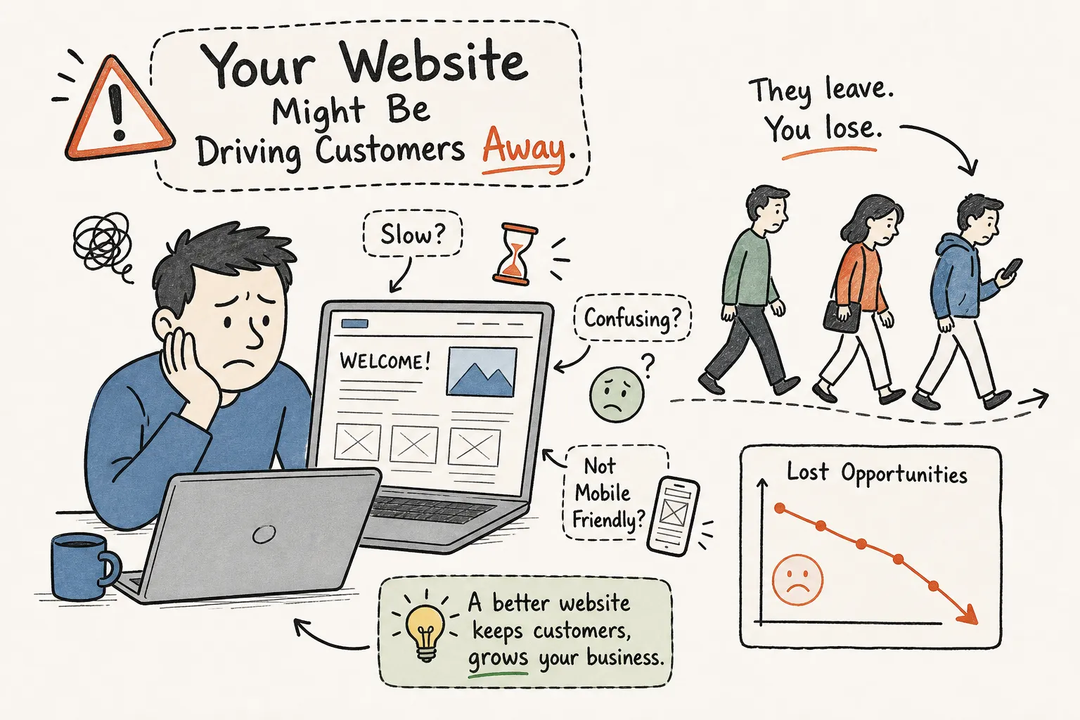 A small business owner reviewing their website on a laptop and phone, checking how it performs for customers