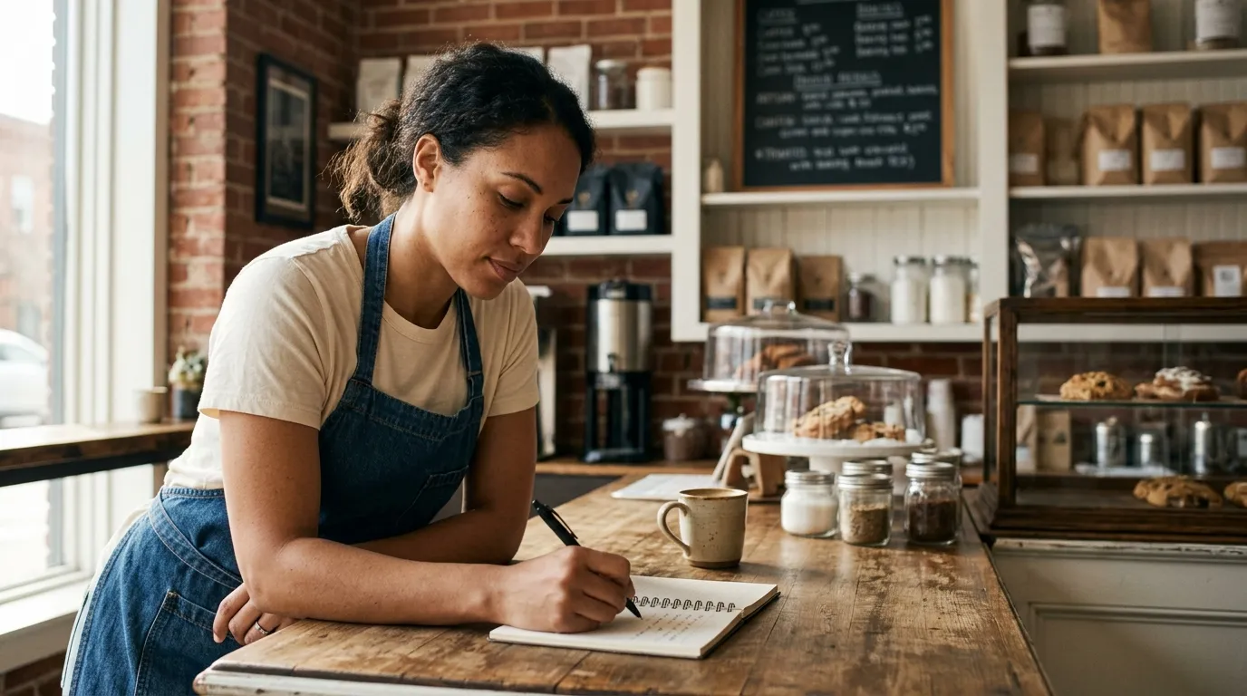 Small business owner working on a website at a wooden desk in a warm home office