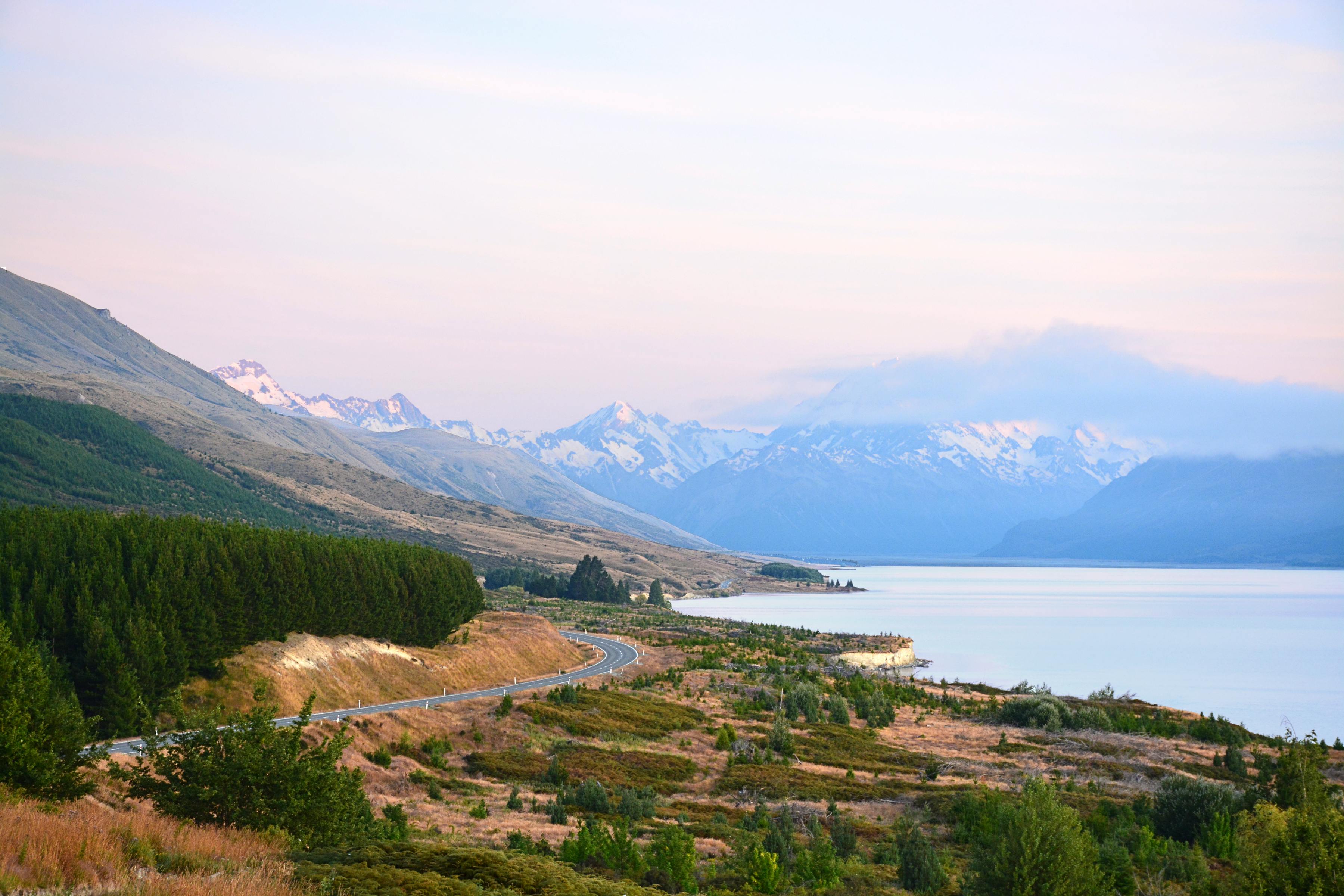 Warm sunset over Lake Pukaki and the Southern Alps, New Zealand