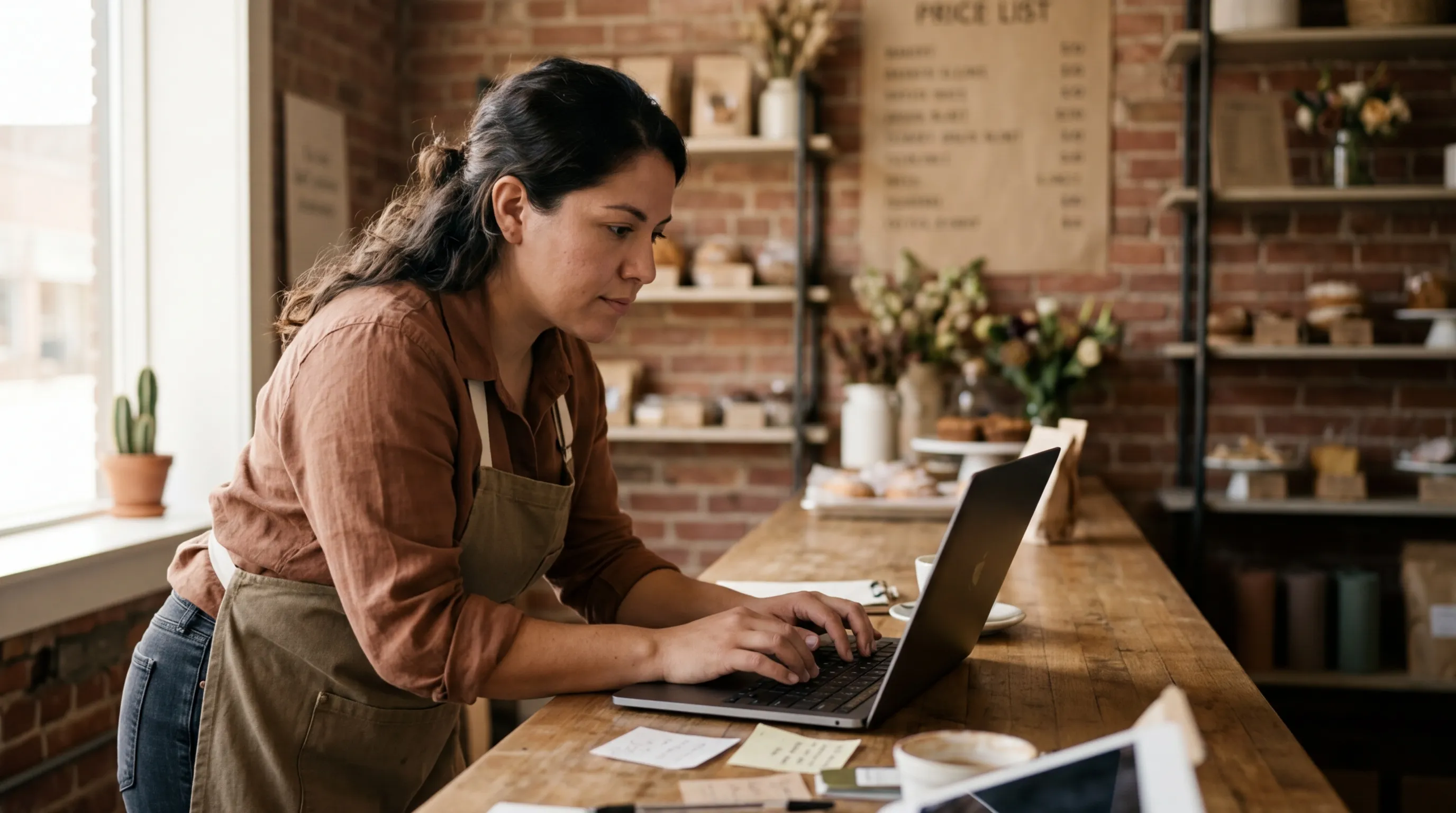 Small business owner building a website on a laptop at a wooden desk