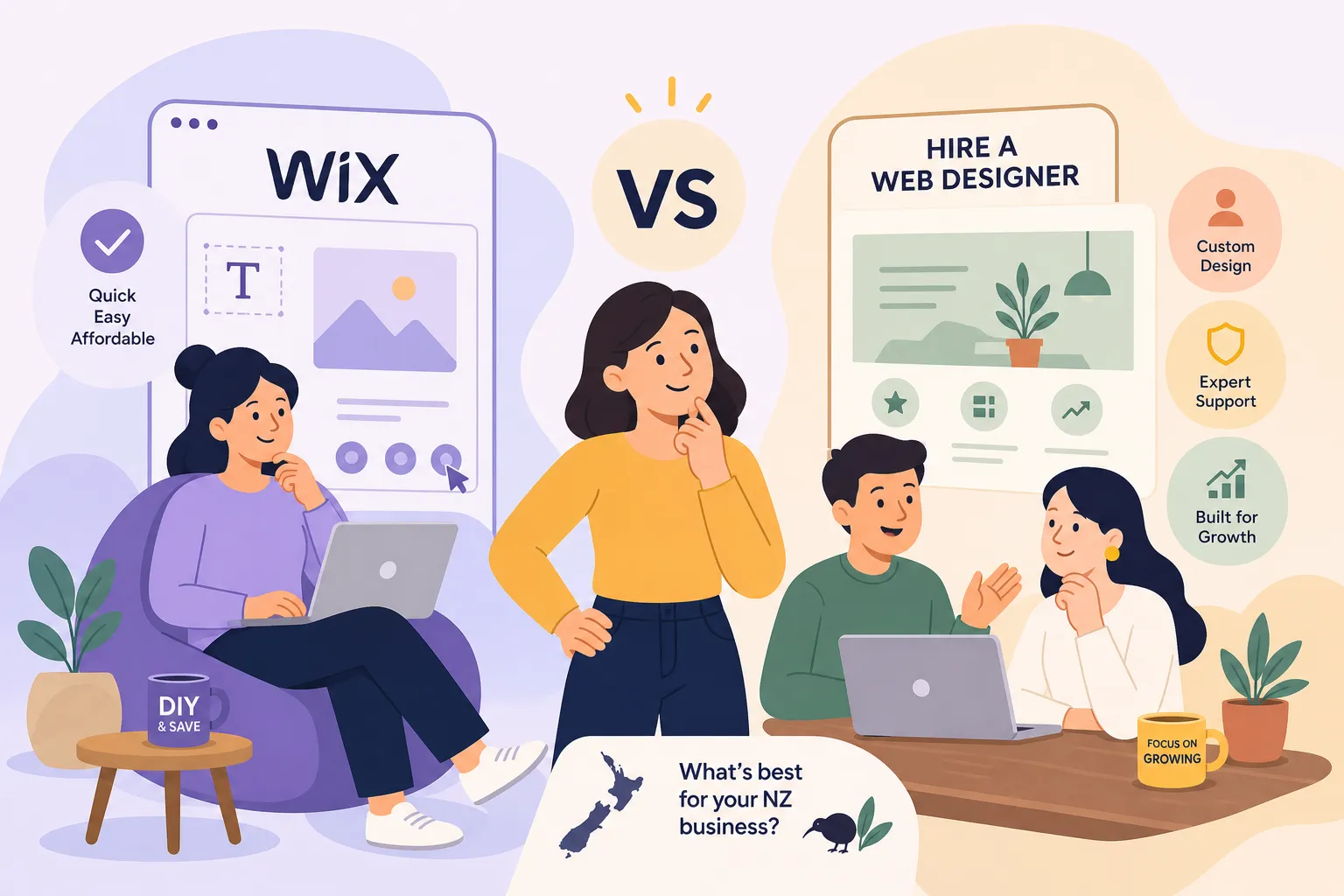 An illustration comparing building a website on Wix yourself versus hiring a web designer for a New Zealand small business