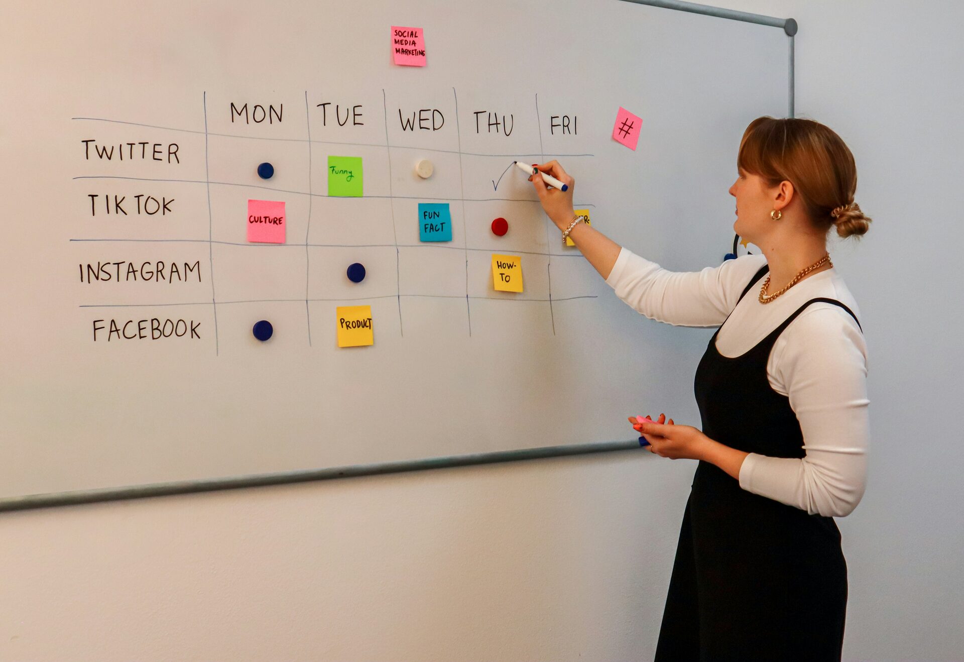 Woman planning a social media content calendar on a whiteboard with sticky notes for Twitter, TikTok, Instagram and Facebook — social media management support for NZ businesses